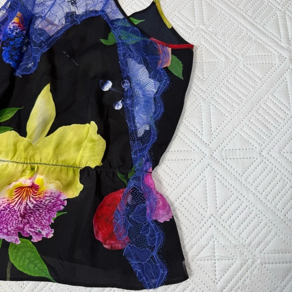 Fleur du Mal Black Floral Camisole With Blue Lace Size M - Picture 8 of 11